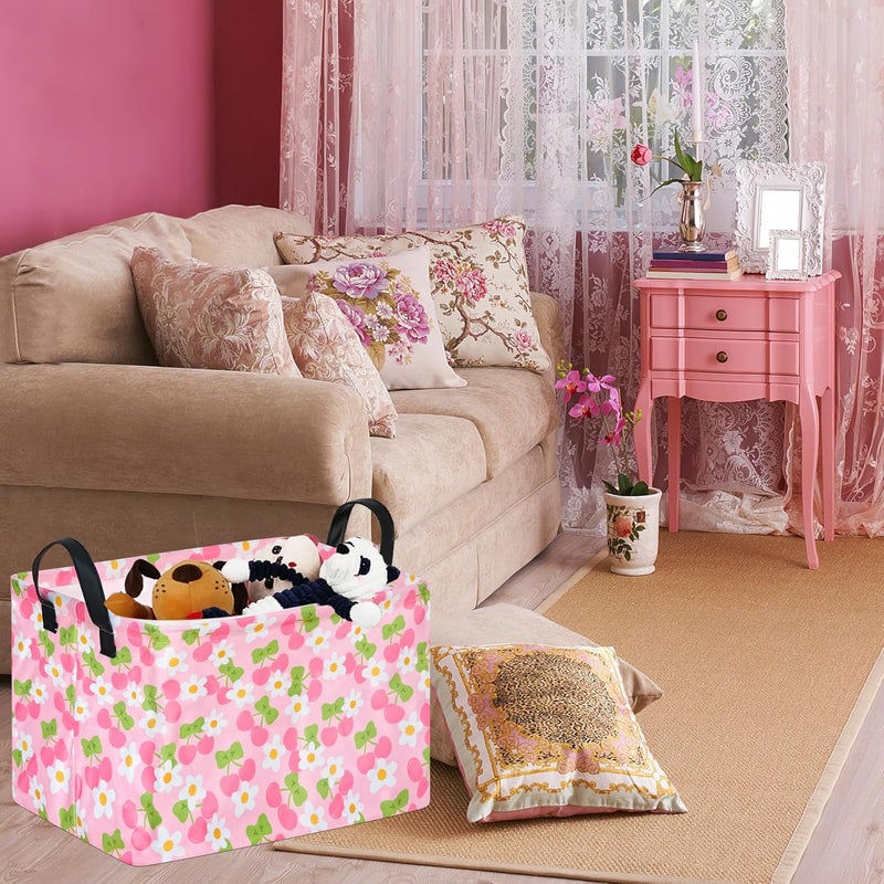 KUNRO Pink Cherry Gift Storage Basket Rectangle Storage Organizer for Nursery Hamper Home Bedroom Laundry Hamper Shelf Baskets. - Image 3